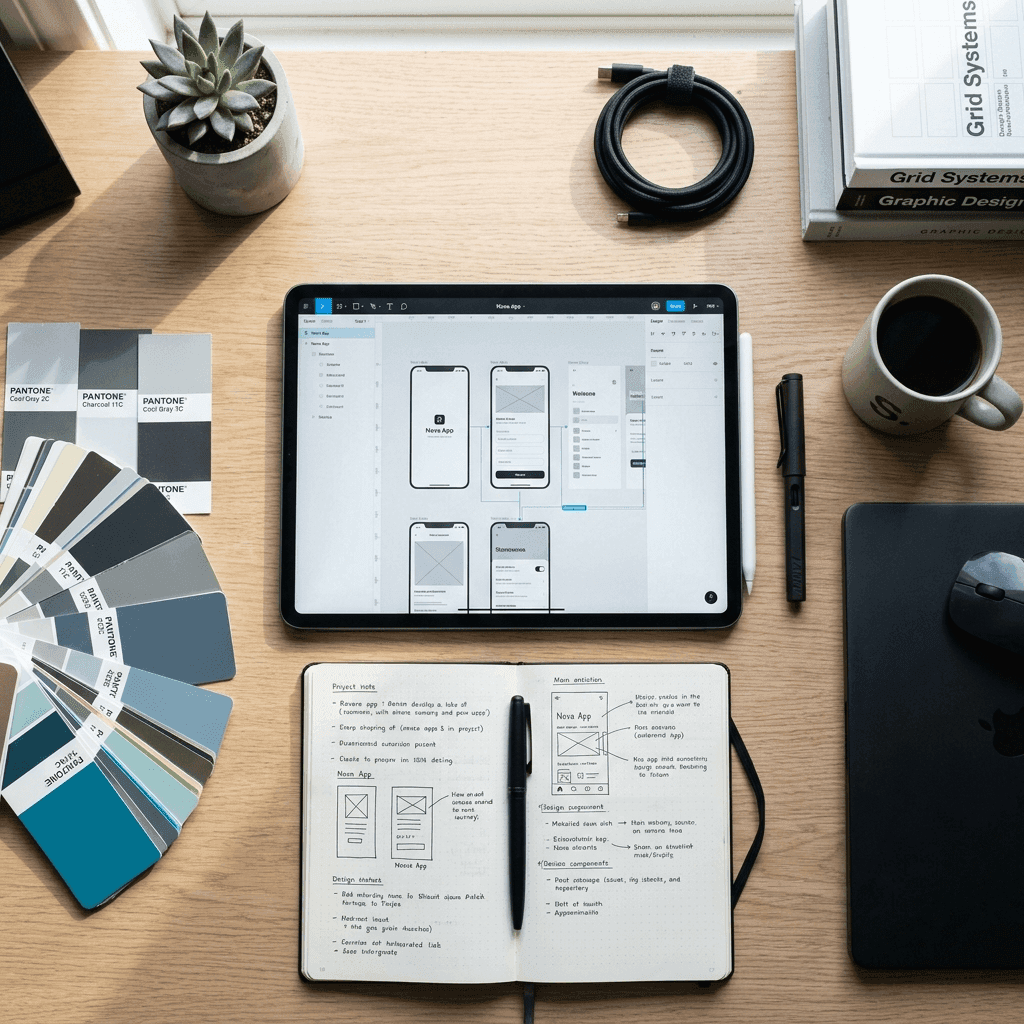 A creative designer workspace with wireframe templates on an iPad, color palettes, and sketches.