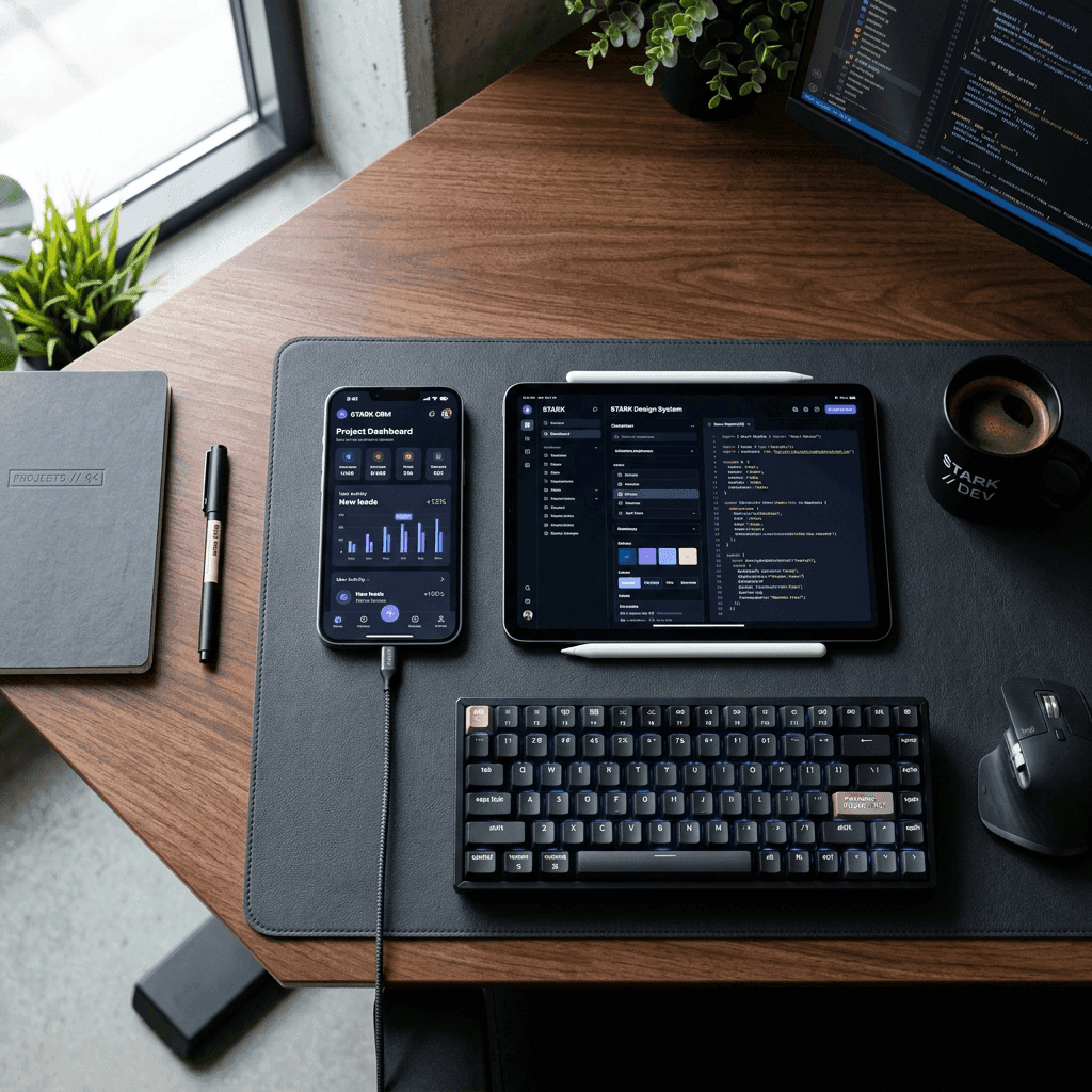A clean developer workspace with a smartphone and tablet showcasing a modern mobile application dashboard.